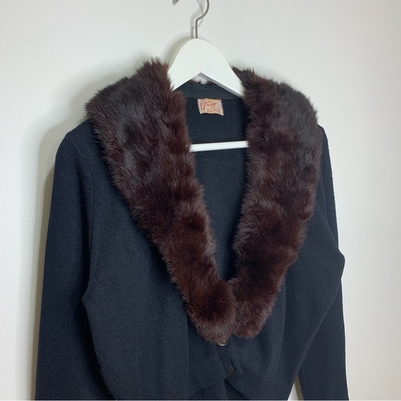 Black Real Fur Collar Cropped Knit Cardigan - Picture 12 of 12